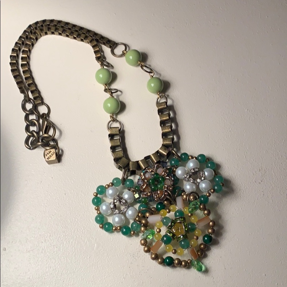 Anthropologie Green and Gold Floral Necklace
